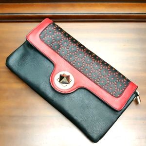 Leather black red evening party handbag